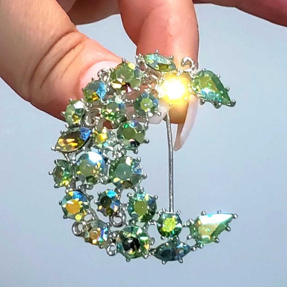 1950's Vintage Aurora Borelias Green Crystal Cresent Moon Brooch